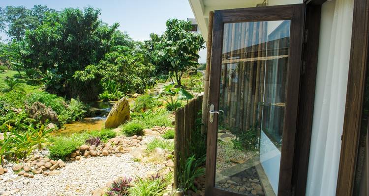 Vista desde una habitación con vista a un exuberante jardín con un arroyo.