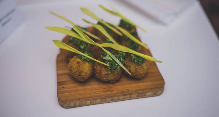 Plated dish with round appetizers garnished with herbs.