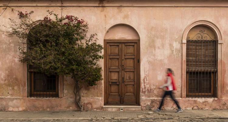 Pastel colonial facade with wooden door and flowering vine, blurred pedestrian walking past.
