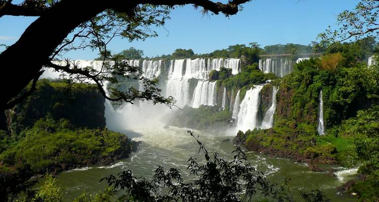 Las ensordecedoras cascadas de las Cataratas del Iguazú rodeadas de exuberante selva tropical verde.