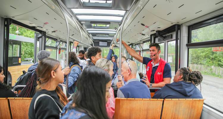 Reisgidsengroep in een bus met een gids die uitleg geeft.