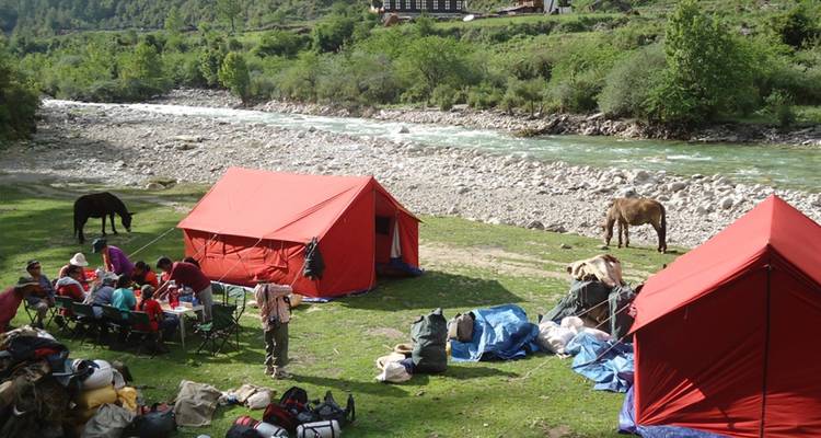 Camping by a river with tents and horses in Bhutan.