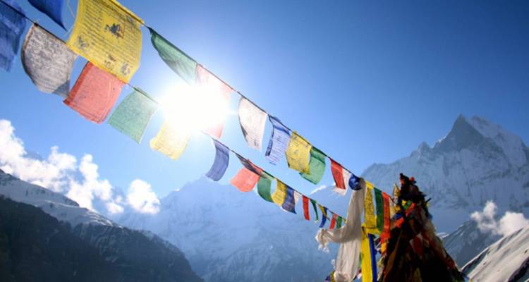 Prayer flags fluttering with snowy mountains in the background.