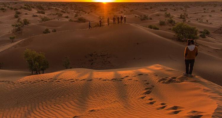 Reisende, die bei Sonnenuntergang entlang hoher Wüstendünen wandeln und lange Schatten werfen