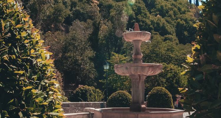 Fontaine en pierre à deux étages située dans une cour-jardin verdoyante entourée de haies