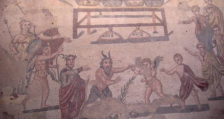 Mosaïque détaillée représentant un storyboard antique.