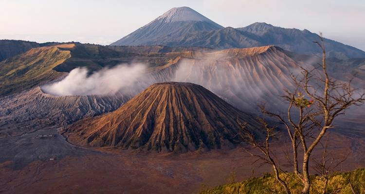 Der majestätische Berg Bromo und die umliegenden Vulkane stoßen bei Sonnenaufgang Nebel aus.