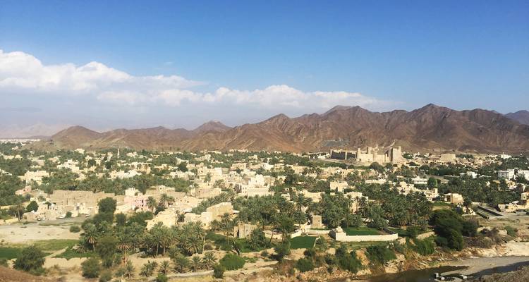 Vue panoramique d'une ville oasis entourée de montagnes rocheuses brunes sous un ciel bleu.