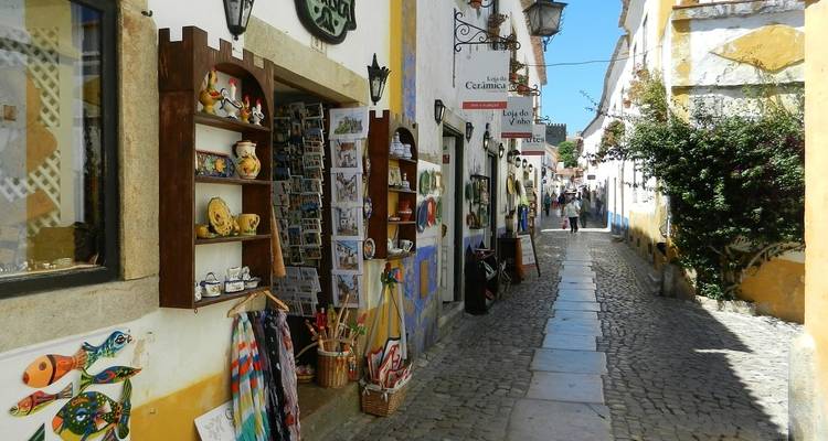 Charming street with shops and cobblestone path.