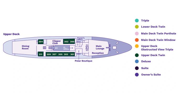 Plan du pont supérieur mettant en évidence les zones de salon, de réception et de boutique sur un navire.
