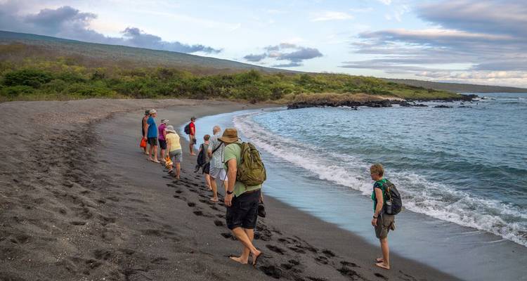 Small group of barefoot travellers walks along a black-sand beach beside rolling surf and green hills.