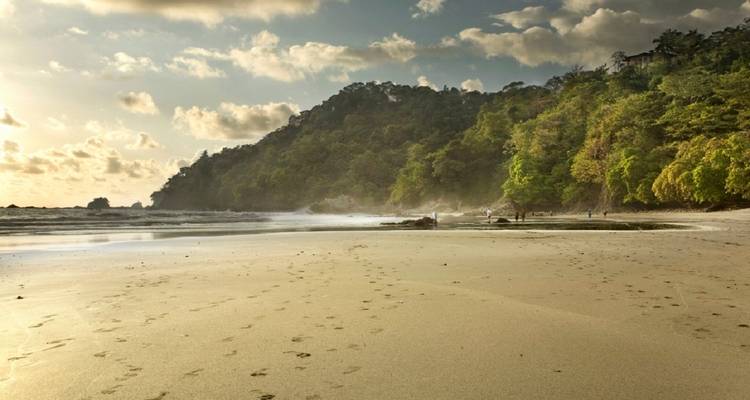 Plage de sable sereine avec toile de fond montagneuse et empreintes de pas.