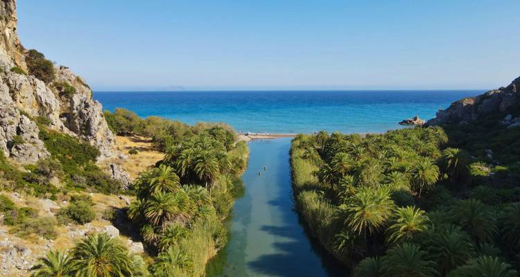 Vista aérea de un desfiladero fluvial exuberante bordeado de palmeras que fluye hacia una playa solitaria y el azul mar Mediterráneo