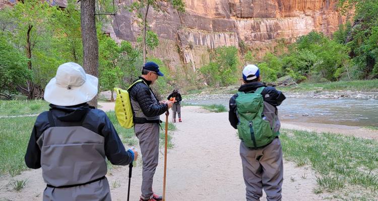 Wandelaars die een schilderachtig canyonlandschap verkennen.
