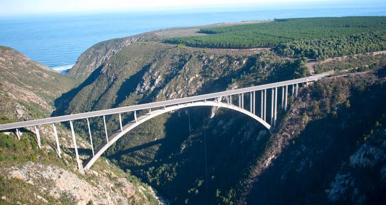 Puente sobre un desfiladero profundo con el océano de fondo.