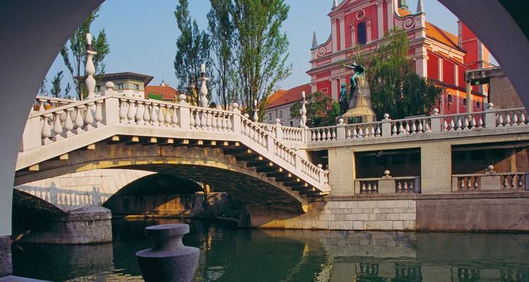 Puente de piedra sobre un río, árboles y un edificio histórico.