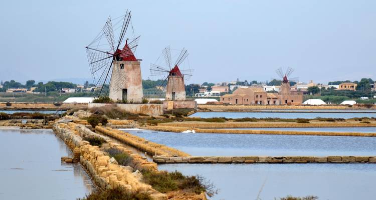 Les moulins historiques s'élèvent au-dessus des marais salants étincelants le long de la côte sicilienne.