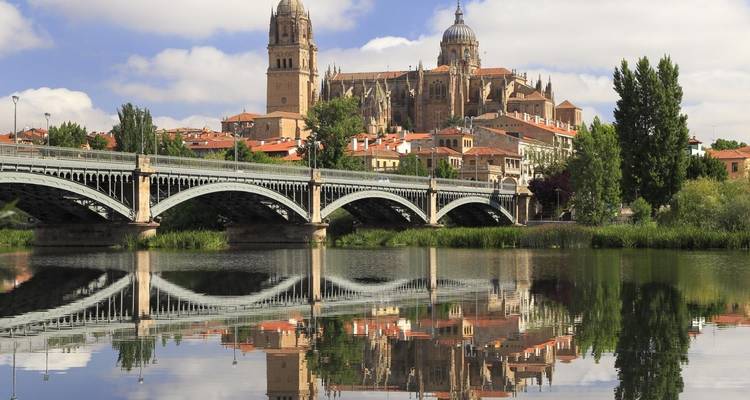 Kathedrale von Salamanca mit einer Brücke, die sich im Fluss spiegelt.