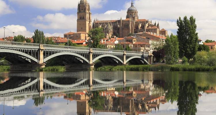 Kathedraal en brug van Salamanca weerspiegeld in het water.