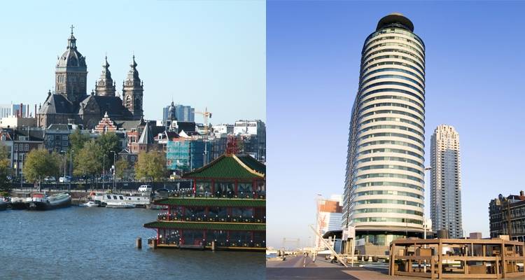 Imagen dividida de la orilla del agua de Ámsterdam con la Basílica y la torre de gran altura moderna de Róterdam