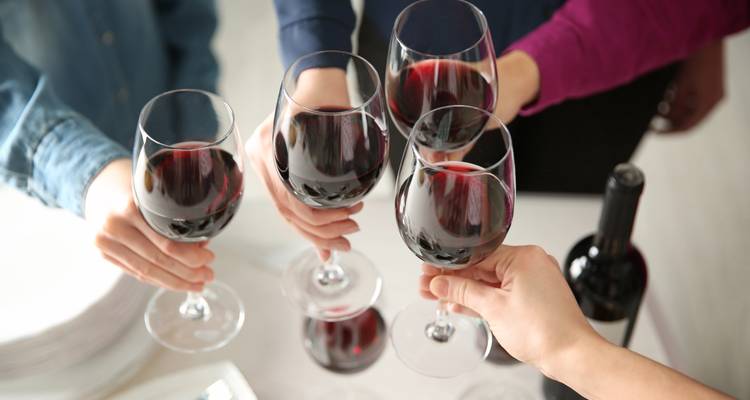 Amigos brindando con copas de vino tinto en el interior durante una sesión de degustación
