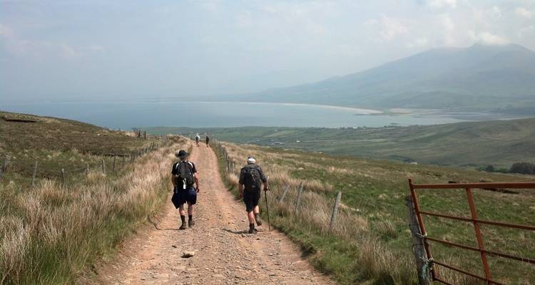Des randonneurs marchant le long d'un chemin de terre avec vue sur un lac.