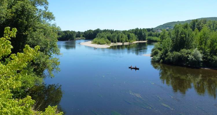 Un paysage de rivière paisible avec un canoë et des arbres le long des berges.