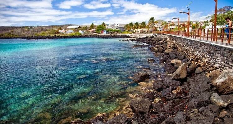 Coastal walkway along turquoise waters with buildings in the distance.