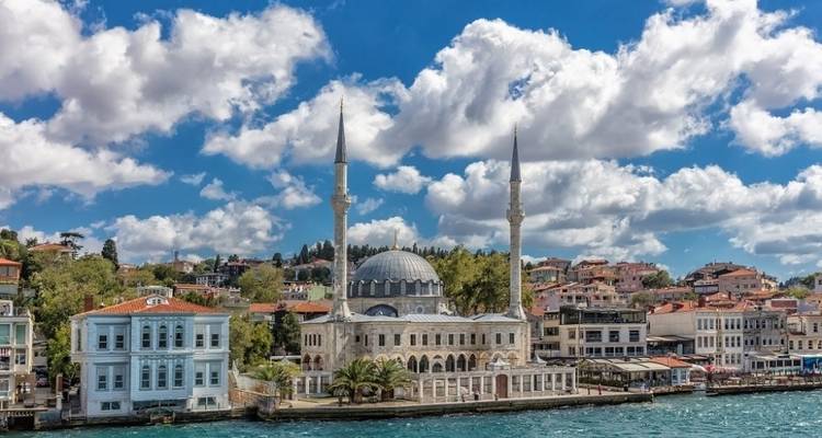 Vue côtière d'une mosquée entourée d'un paysage urbain et d'eau.