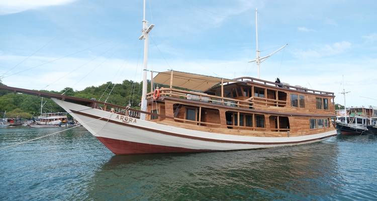 Bateau phinisi en bois classique 'ARORA' ancré dans un port calme sous un ciel bleu.