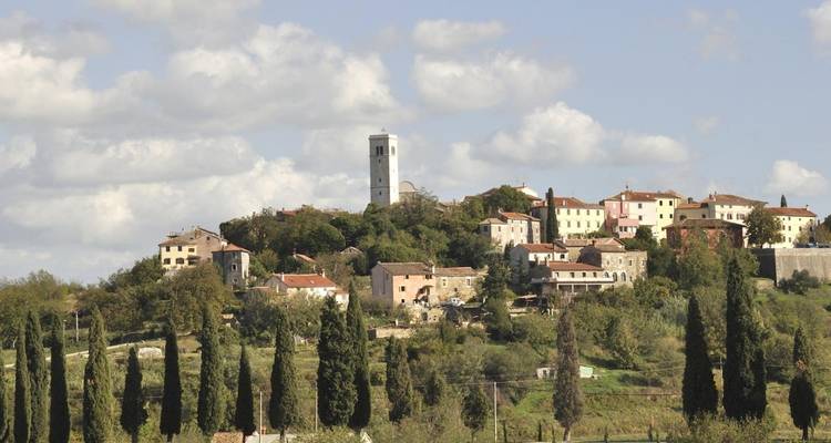 A picturesque hilltop town with cypress trees.
