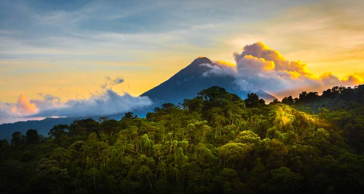 Forêt tropicale luxuriante avec vue sur un volcan.