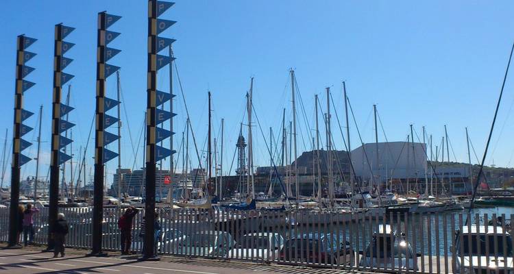 Rangées de mâts de voiliers à la marina de Port Vell avec la colline de Montjuïc en arrière-plan par une journée claire.