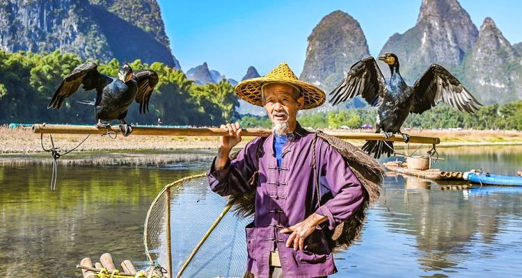 Pêcheur de cormorans traditionnel en chapeau de bambou équilibrant des oiseaux sur une perche à côté de pics karstiques et d'une rivière reflétée à Yangshuo.