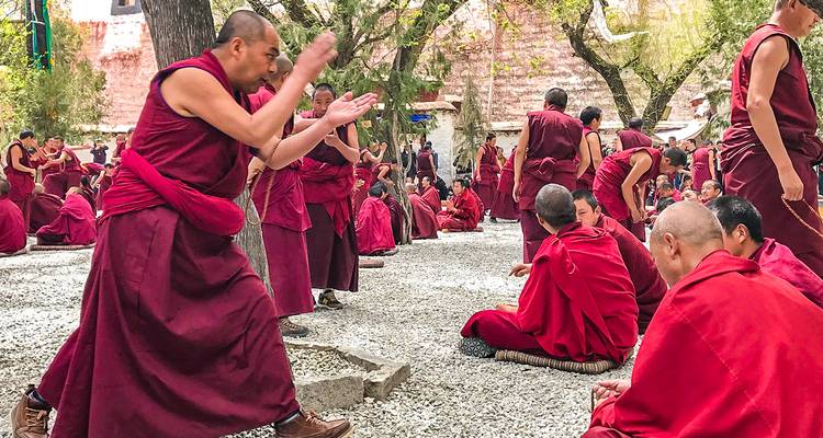 Moines en robes rouges engagés dans une discussion dans une cour.