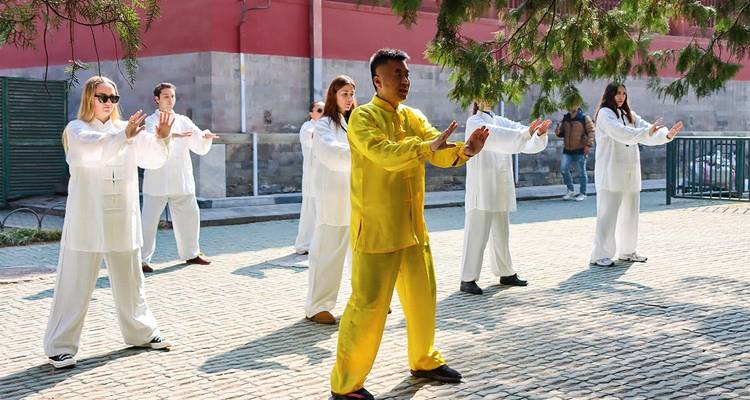Un instructor en seda amarilla dirige una pequeña clase practicando Tai Chi en un tranquilo patio sombreado por árboles.