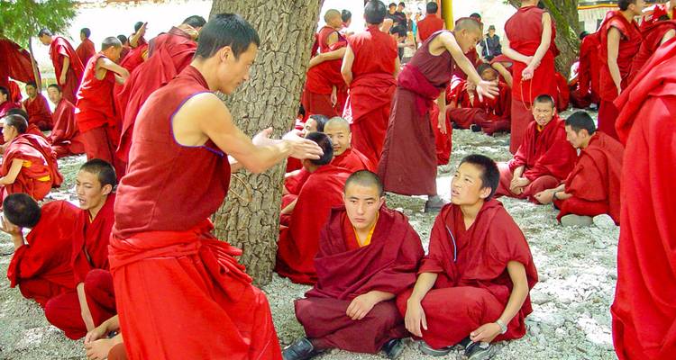 Groep monniken in rode gewaden zittend onder bomen.
