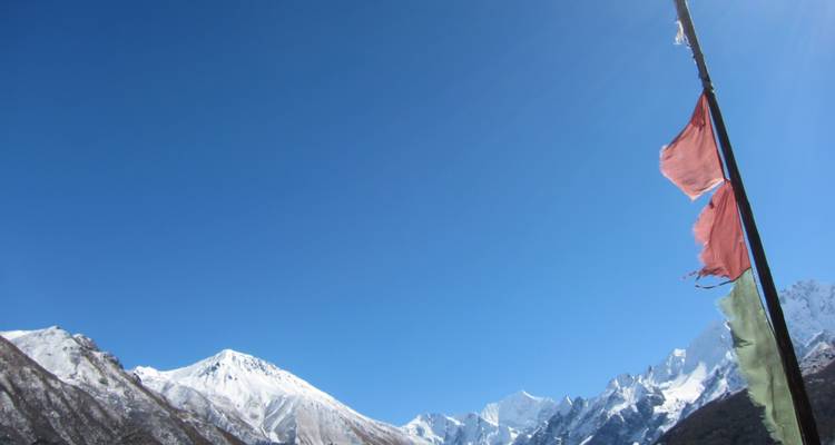Flatternde Flagge vor verschneiter Bergkulisse.