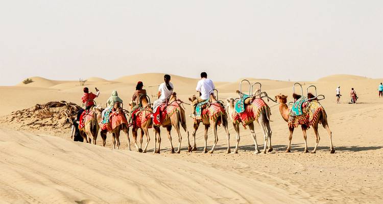 Karawane von farbenfrohen gesattelten Kamelen, die Touristen über sanfte Sanddünen transportieren
