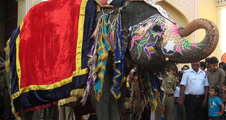 Éléphant décoré avec des gens en tenue traditionnelle.