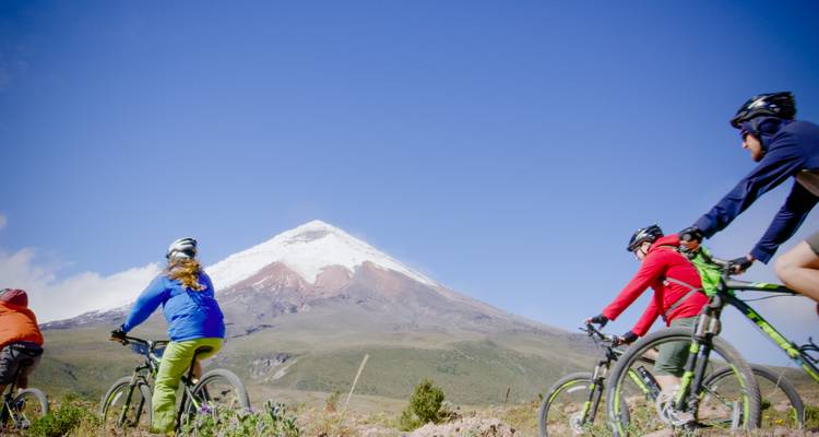 Des cyclistes approchant d'une montagne enneigée par une journée claire.