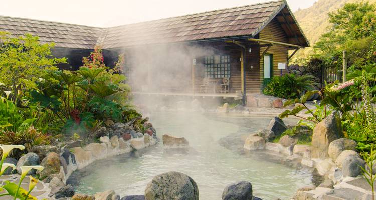Bassin de source chaude fumante près d'une cabane rustique.