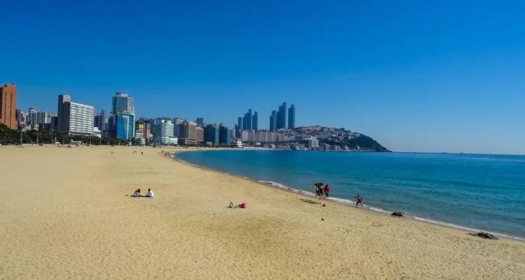 Amplia playa de arena en la ciudad frente a un moderno horizonte urbano y un mar azul tranquilo.