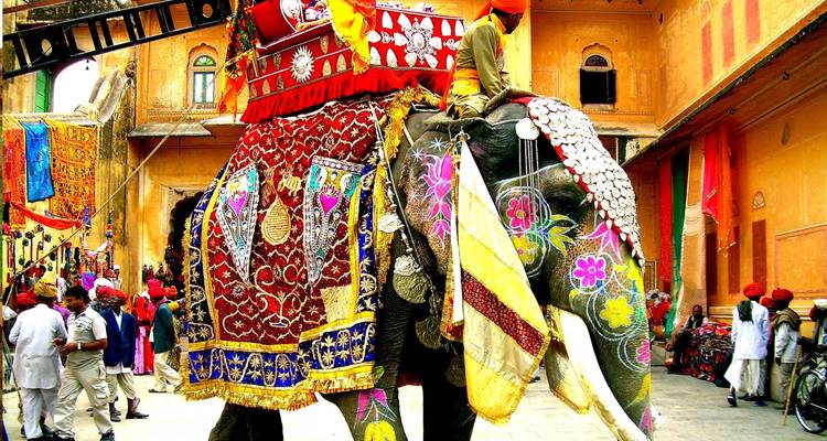 Bunt geschmückter Elefant mit Menschen drum herum.