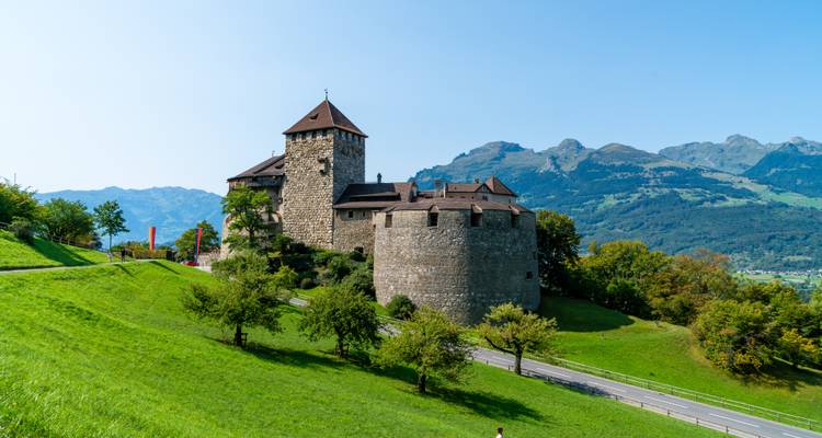 Die mittelalterliche Burg Vaduz thront auf grünem Hügel mit Alpenbergen dahinter unter klarem Himmel.