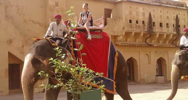Des gens montés sur des éléphants décorés près d'un bâtiment historique.