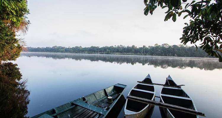 Río tranquilo con canoas y paisaje forestal.