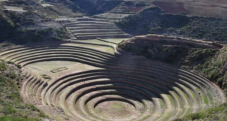 Vue aérienne des terrasses agricoles incas concentriques de Moray s'incurvant dans la terre