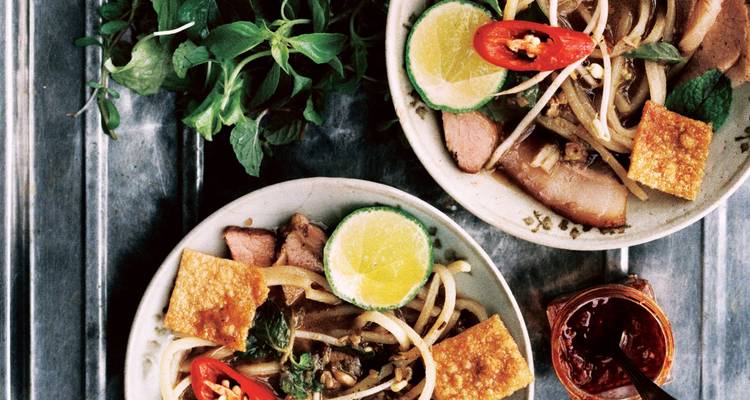 Twee kommen met traditionele Vietnamese gerechten met kruiden en limoen.
