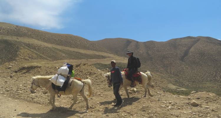 Mensen te paard door bergachtig terrein.